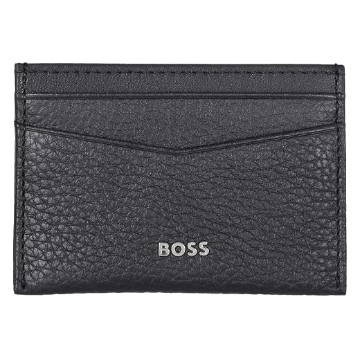 BOSS Crosstown 4CC Navy Grained Leather Card Holder with 4 card slots and a central top pocket and silver lettering with the brand name.
