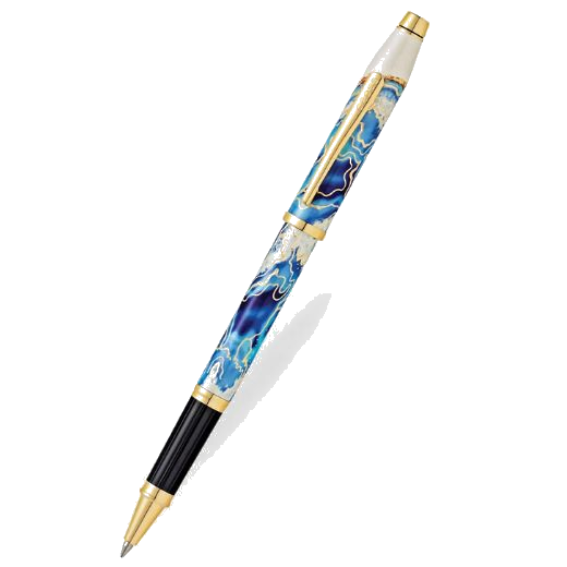 This Cross Wanderlust Malta Rollerball Pen is made out of pearlescent white lacquer with a blue and gold pattern on the cap and barrel.