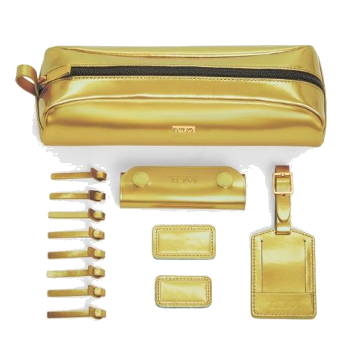 TUMI's Accents Kit Gold is great for pairing with your luggage and can be personalised with embossing.