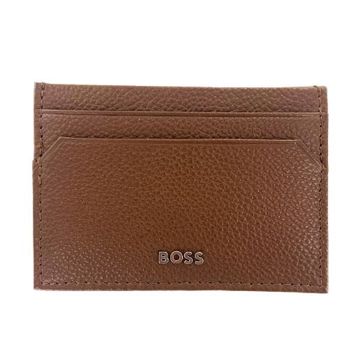 This BOSS Highway Brown Grained Leather 4CC Card Holder is made out of cowhide leather with a grainy texture and silver lettering for the BOSS brand name.