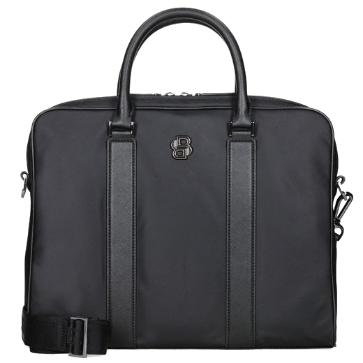 This BOSS 'B' Icon Slim Document Case in Black is made out of nylon with faux leather trims that have a saffiano texture surface.