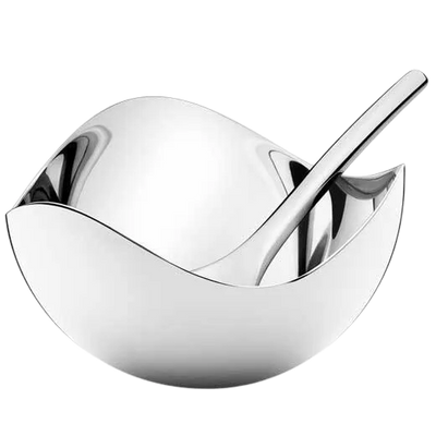 The Georg Jensen Bloom stainless steel salt cellar with spoon.