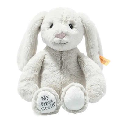 Steiff's Light Grey My First Steiff Hoppie Rabbit has ben made with polyester with a faux fur exterior.