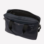 Hugo Boss navy document case from the Jinko collection comes with an open zipped compartment.