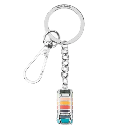 Paul Smith's Silver Artist Stripe Mini Keyring has a striped enamel inlay on the Mini car charm with contrasting polished silver trims.