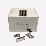 This pair of Paul Smith silver logo cufflinks comes with  a bespoke, branded white gift box.
