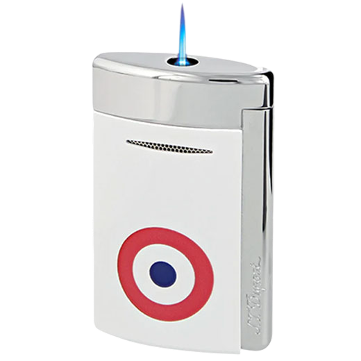 This S.T. Dupont Paris White Rosette Minijet Lighter features a single blue flame.