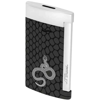 This Dupont lighter comes with a snake print design and features an image of a serpent on the front.