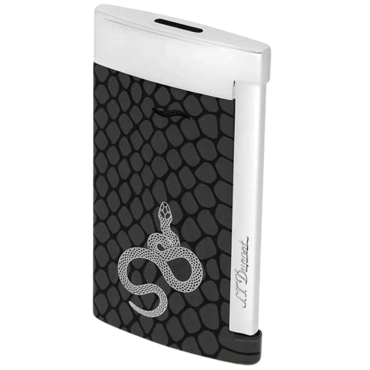 This Dupont lighter comes with a snake print design and features an image of a serpent on the front.