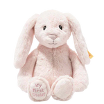 This Rose Pink My First Steiff Hoppie Rabbit measures at 26 cm tall.