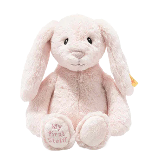 This Rose Pink My First Steiff Hoppie Rabbit measures at 26 cm tall.