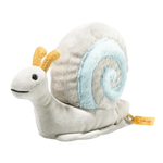 Steiff's Soft Cuddly Friends Snailly Slug is 20 cm in length and 14 cm tall with a soft plush exterior and safety eyes.