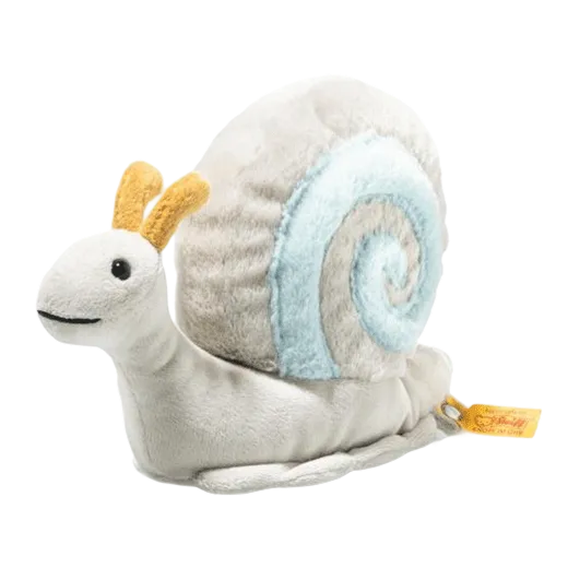 Steiff's Soft Cuddly Friends Snailly Slug is 20 cm in length and 14 cm tall with a soft plush exterior and safety eyes.
