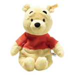 Steiff's Soft Cuddly Friends Disney Originals Winnie The Pooh is made out of soft plush with a synthetic filling and beanbags in the hands and feet.