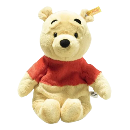 Steiff's Soft Cuddly Friends Disney Originals Winnie The Pooh is made out of soft plush with a synthetic filling and beanbags in the hands and feet.