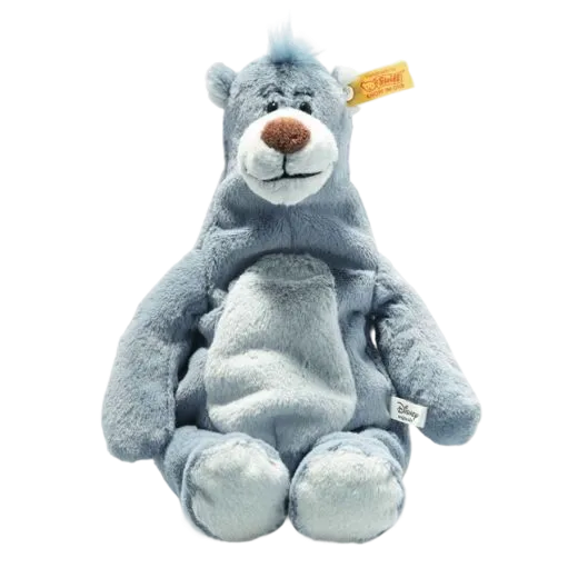 The Jungle Book's Soft Cuddly Friends Disney Originals Baloo by Steiff is made of soft plush with a beanbag filling in the arms and legs.