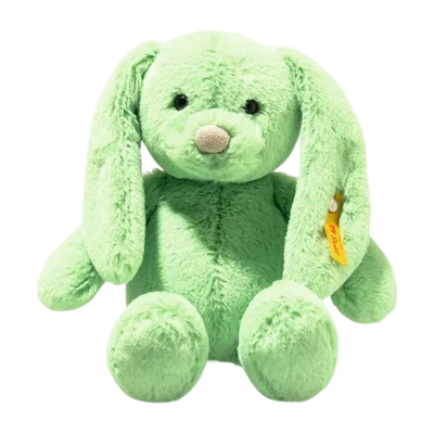 Steiff's Soft Cuddly Friends Green Tilda Rabbit has a soft green plush exterior with safety eyes and an embroidered nose.