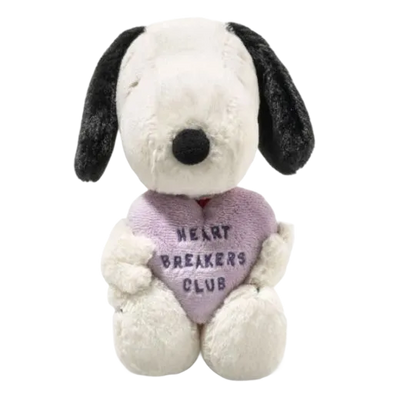 This Soft Cuddly Friends Snoopy Heartbreakers Club 22cm by Steiff has a soft plush purple heart with embroidery on the front.