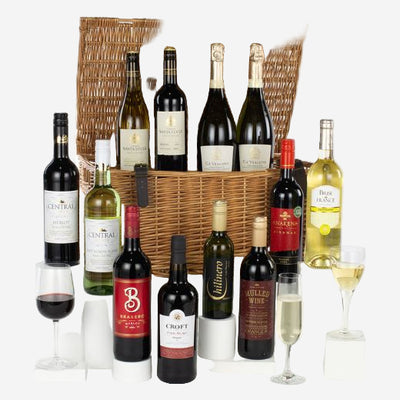 12 Wines in Wicker Luxury Hamper with a selection of fine wine.