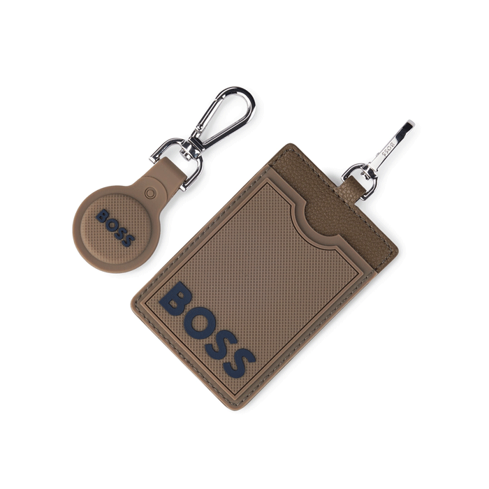 BOSS Logo Brown Card Holder Airtag Holder Keyring Set