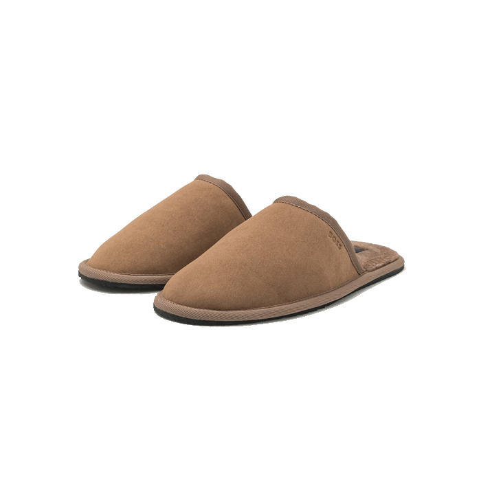 BOSS Men s Taupe Faux Suede Slippers with B Monogram
