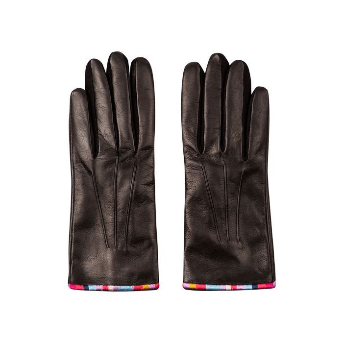 Paul Smith Black Leather Gloves with Swirl Stripe Edge