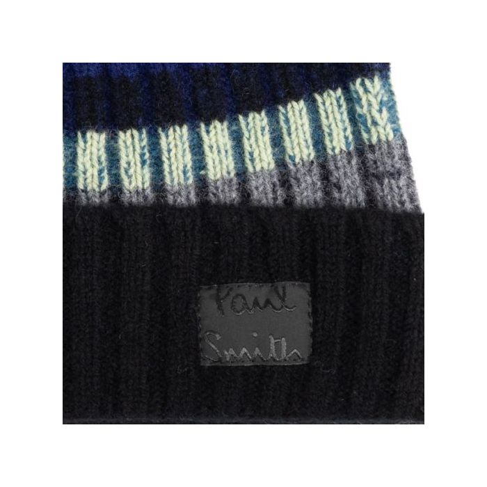 Paul Smith Freya Stripe Ribbed Knit Wool Pom Pom Beanie Hat