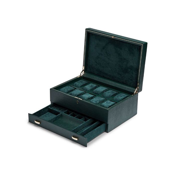 WOLF Green British Racing 10 Piece Watch Box with Storage Wheelers Luxury Gifts