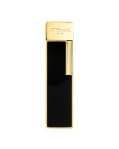 This S.T. Dupont Twiggy Black Lacquer & Gold Lighter has the brand name engraved along the gold top on the front side.