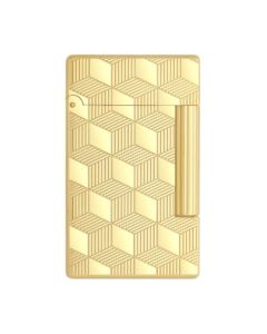 This Initial Cube Guilloche Gold Lighter by S.T. Dupont has an engraved cube pattern with horizontal and vertical stripes.
