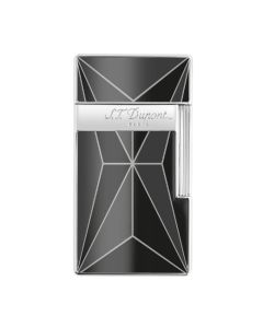 This Biggy Black & Chrome Fire X Lighter by S.T. Dupont has a geometric pattern on the front and back in black lacquer with chrome lines.