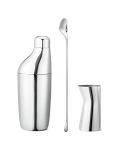 The Georg Jensen Sky stainless steel stirring spoon, jigger shaker set.