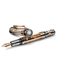 This Great Characters Leonardo Limited Edition 74 Fountain Pen by Montblanc has a skeleton-like barrel and cap in ruthenium and gold, with a white diamond.