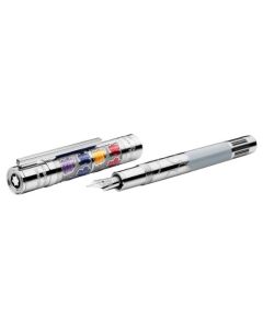 Montblanc's Great Characters Andy Warhol Limited Edition 1928 Fountain Pen has a flower design on the cap with polished silver trims.