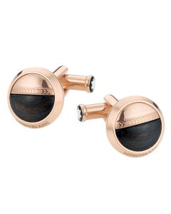 These Montblanc Tolstoy Gold Cufflinks with Wood Inlay have the Montblanc brand name engraved along the edge.