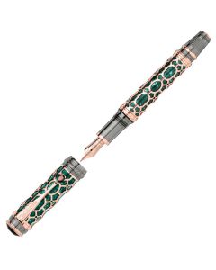 This Montblanc Patron of Art Homage to Scipione Borghese Limited Edition 888 Fountain Pen has an emerald green cap and barrel with rose gold intricately layered on top.