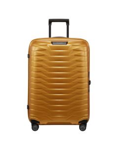 Samsonite's Proxis Honey Gold Spinner Suitcase, 69 cm has a slight sheen on the surface of the hard shell exterior.