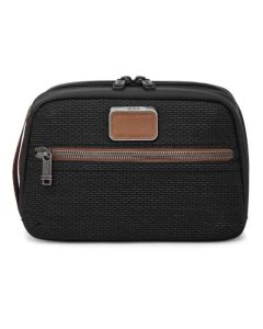 This TUMI Black Onyx Alpha Bravo Response Travel Kit has contrasting brown trims such as the leather patch and front zip.