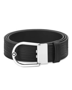 Montblanc's Horseshoe Palladium Buckle Reversible Black Leather Belt has a textured leather side and a plain black leather on the reverse.