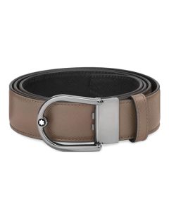 This Montblanc Horseshoe Buckle Mastic/Black Saffiano Leather Reversible Belt is made out of cowhide leather and ruthenium hardware.