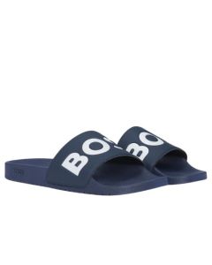 The Aryeh Dark Blue Italian Made Slides with Large White Logo Detail by BOSS.