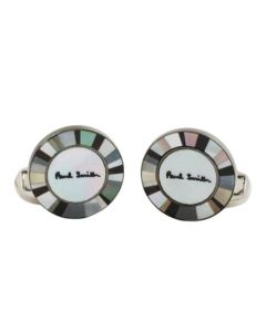 The Circular Mother of Pearl and Onyx Logo Cufflinks by Paul Smith.