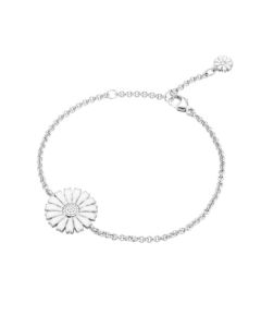 This Sterling Silver Daisy White Enamel Bracelet by Georg Jensen is a delicate bracelet with the centre Daisy embellishment that has been decorated in white enamel.