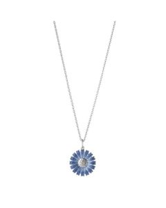Georg Jensen's Blue Enamel Silver Daisy Pendant is made out of sterling silver and hand poured enamel.