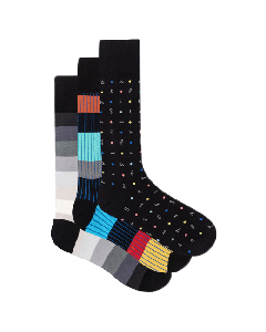 This Paul Smith 3-Pack Men's Black Mixed Cotton Socks Set features novelty designs that are fun and quirky. 