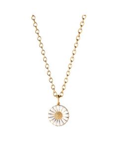 This Gold Plated 18 KT White Daisy Pendant by Georg Jensen is made of sterling silver with gold plating and white enamel for the daisy.
