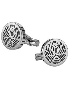 Montblanc stainless steel cufflinks with spider design front and side view.