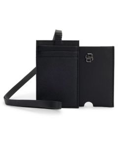 'B' Icon Neck Card Case in Black Leather