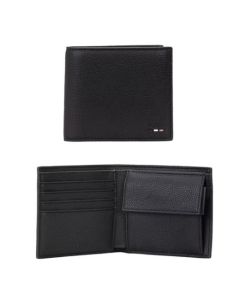 This Ray 4CC Faux Leather Coin Pouch Wallet by BOSS has four card slots and a coin pouch inside the bifold interior.