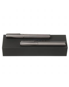 Keystone Dark Chrome Rollerball and Fountain Pen Set Pictured with Presentation Box by Hugo Boss.